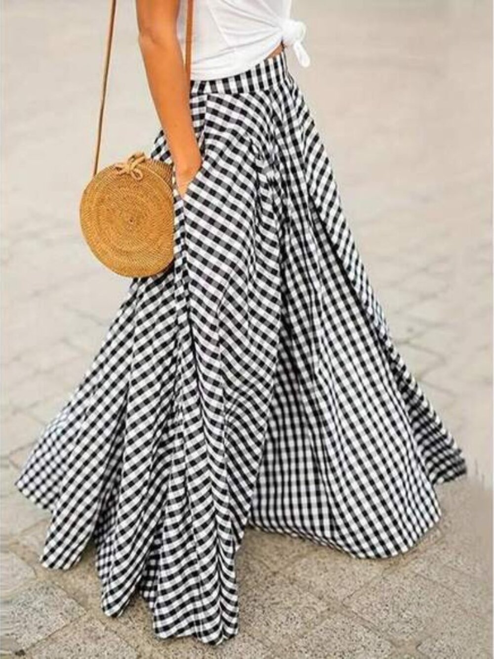 Women's Elegant Plaid Mid-Length High Waist Flared Skirt With Draping Effect, Sp